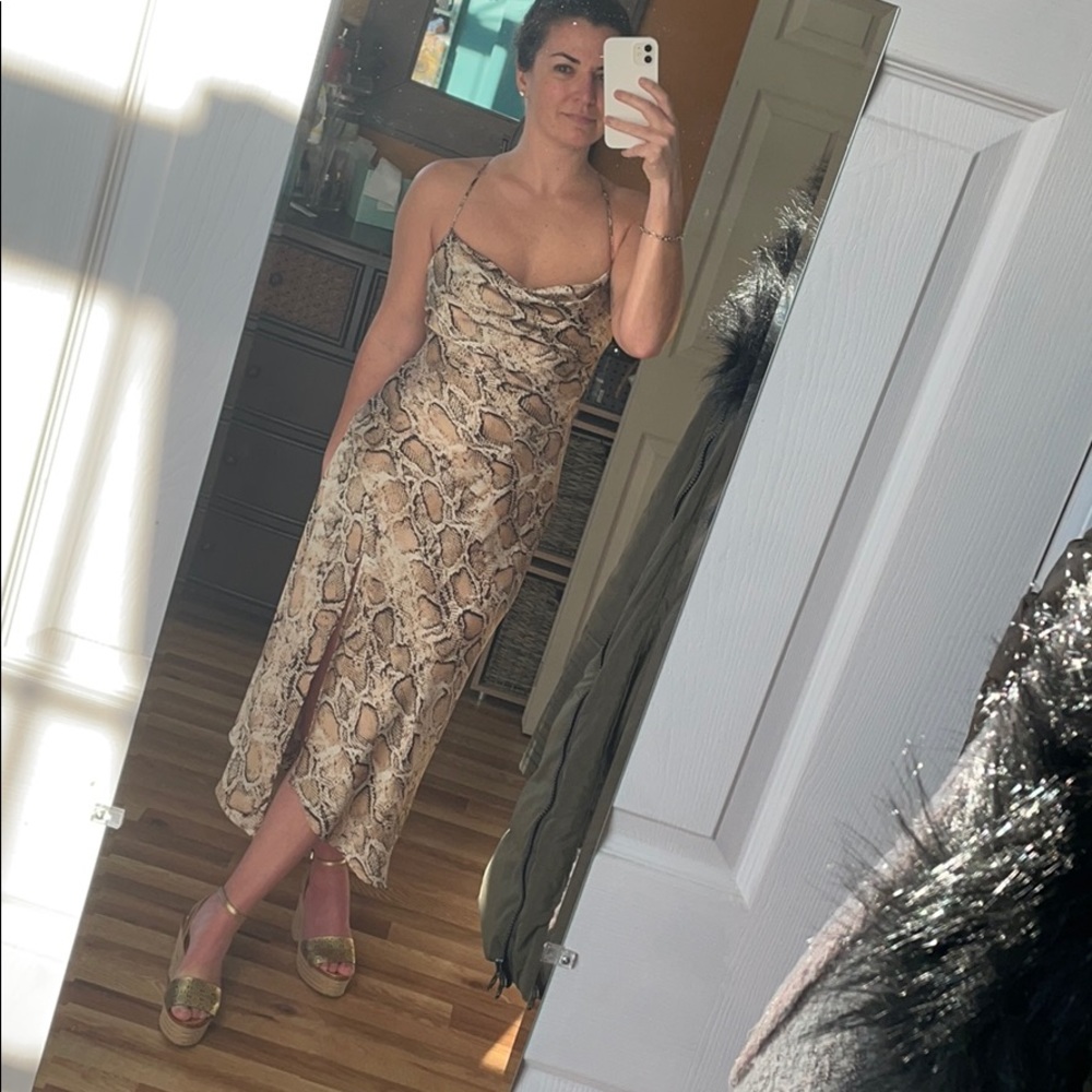 Astr Beige Snake Print Midi Dress